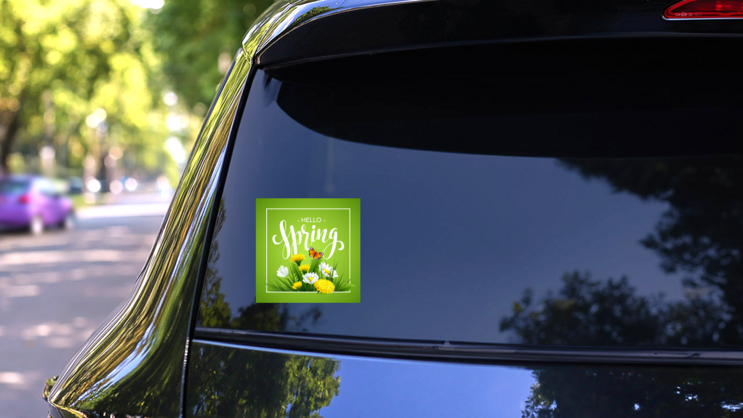 Hello Spring With Flowers Sticker on a Rear Car Window (New) example
