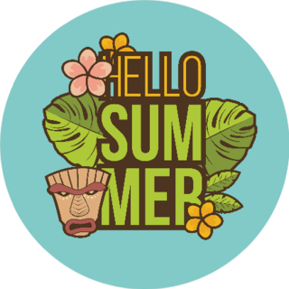 Hello Summer Banner With Tiki Mask Tropical Sticker