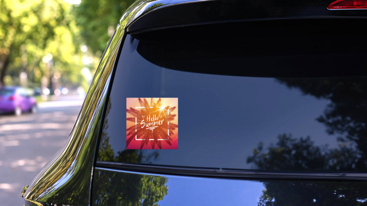 Hello Summer Palm And Frame Sticker on a Rear Car Window (New) example