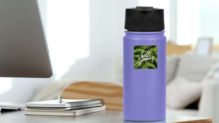 Hello Summer Palm Leaf Sticker on a Water Bottle (New) example