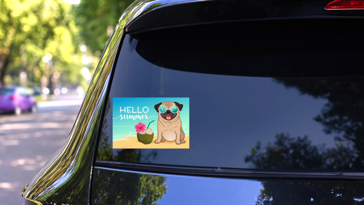 Hello Summer Pug Sticker on a Rear Car Window (New) example