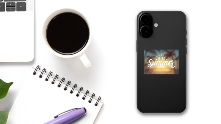 Hello Summer Sunset Blur Beach Background Sticker on a Phone (New) example