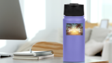 Hello Summer Sunset Blur Beach Background Sticker on a Water Bottle (New) example