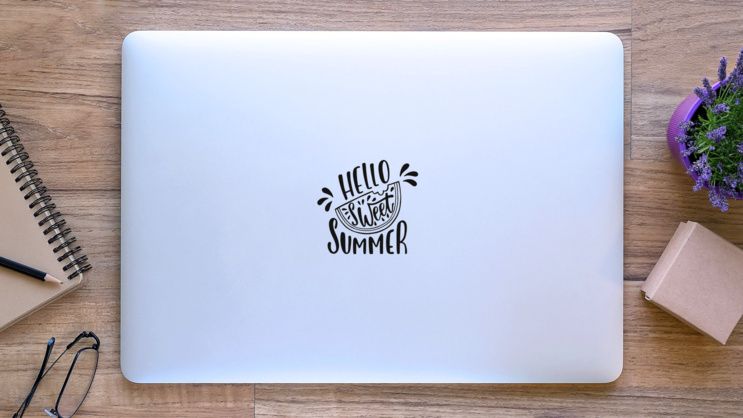 Hello Sweet Summer Lettering Sticker on a Laptop (New) example