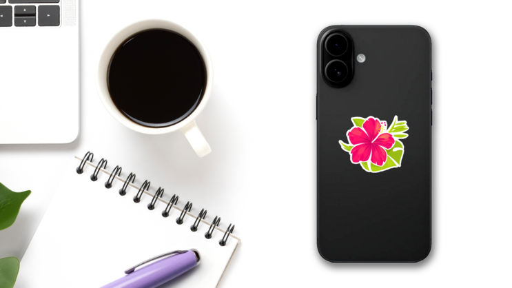 Hibiscus Flower And Palm Leaves Sticker on a Phone (New) example