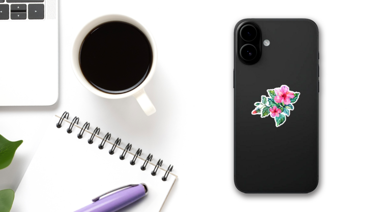 Hibiscus Flowers and Buds Sticker on a Phone (New) example