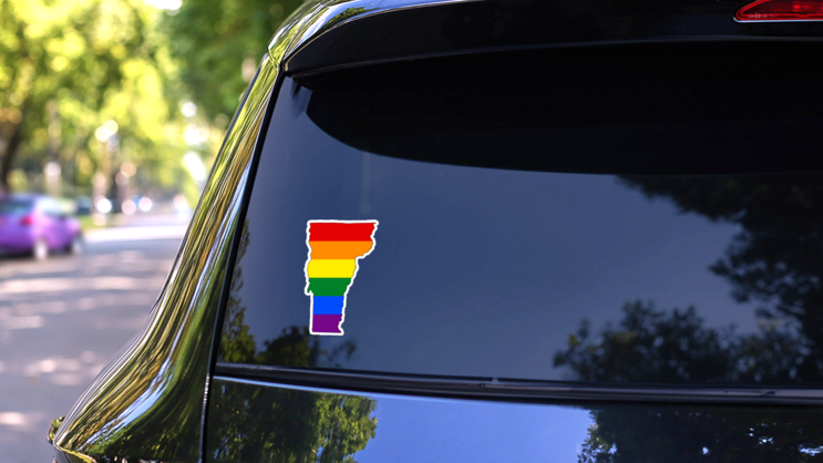 High Detailed Vermont Pride Flag Map Sticker on a Rear Car Window (New) example