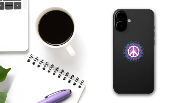 Hippie Peace Sticker on a Phone (New) example