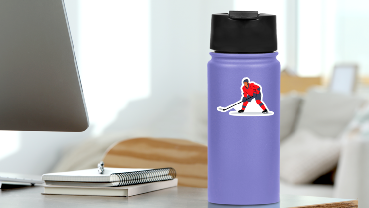 Hockey Player Illustration In Red Jersey Sticker on a Water Bottle (New) example