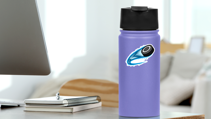 Hockey Puck With Swoosh Effect Sticker on a Water Bottle (New) example