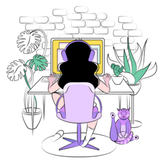 Home Office Working From Home With Purple Cat Sticker