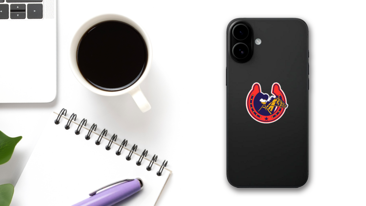 Horse And Jockey In Horseshoe Sticker on a Phone (New) example