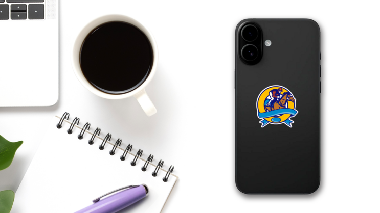 Horse And Jockey Racing Banner Sticker on a Phone (New) example
