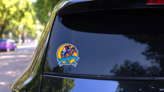 Horse And Jockey Racing Banner Sticker on a Rear Car Window (New) example