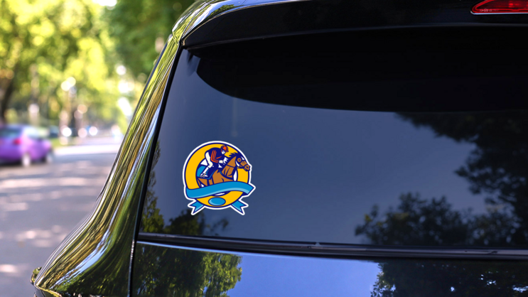 Horse And Jockey Racing Banner Sticker on a Rear Car Window (New) example