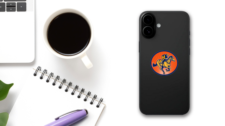 Horse And Jockey Sunburst Circle Sticker on a Phone (New) example