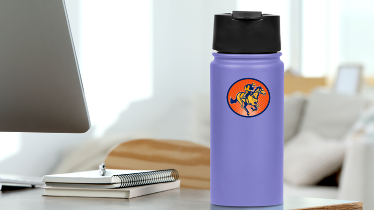 Horse And Jockey Sunburst Circle Sticker on a Water Bottle (New) example