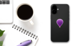 Hot Air Striped Violet Balloon Sticker on a Phone (New) example