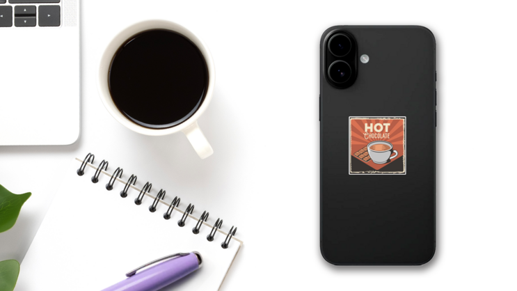Hot Chocolate Mug Rustic Retro Sticker on a Phone (New) example