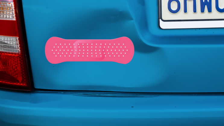 Hot Pink Band Aid Bandage Sticker on a Dented Car example