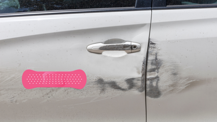 Hot Pink Band Aid Bandage Sticker on a Scratched Car example