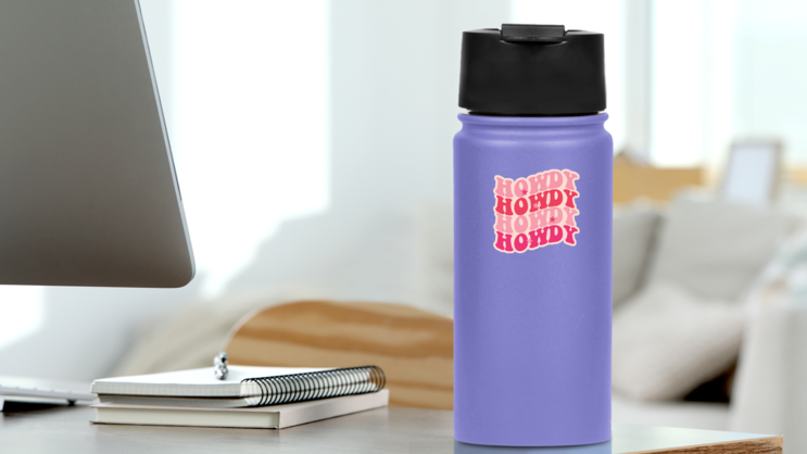 Howdy Pink Typography Sticker on a Water Bottle (New) example