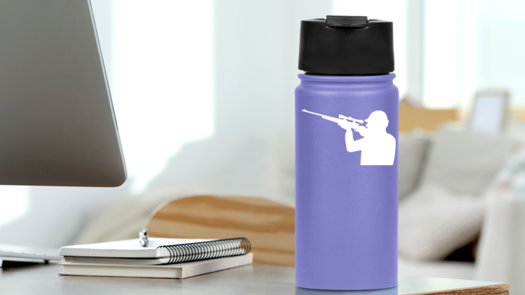 Hunter Shooting Gun Sticker on a Water Bottle (New) example