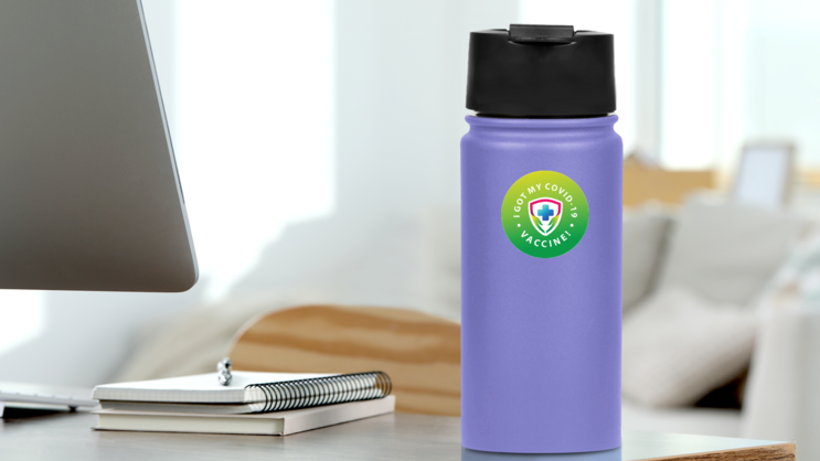 I Got My Vaccine Shield Sticker on a Water Bottle (New) example