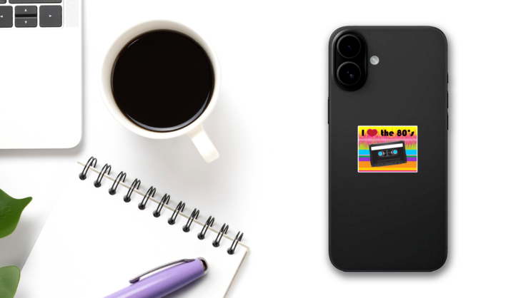 I Heart The 80s With Retro Cassette Tape Rainbow Sticker on a Phone (New) example