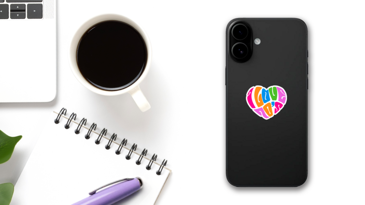 I Love 70s Heart Colorful Sticker on a Phone (New) example