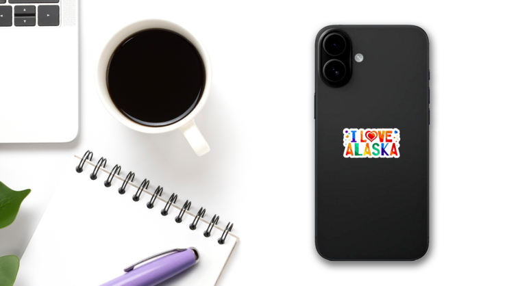 I Love Alaska Multicolored Bright Lettering Sticker on a Phone (New) example
