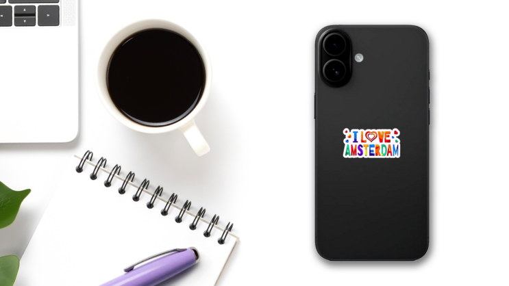 I Love Amsterdam - Multi Colored Typography Sticker on a Phone (New) example