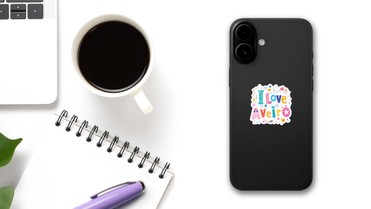 I Love Aveiro Portugal Cute Lettering Sticker on a Phone (New) example