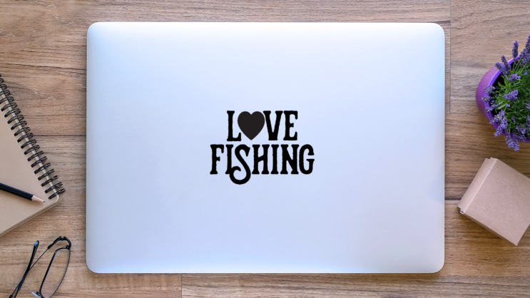 I Love Fishing Text Sticker on a Laptop (New) example
