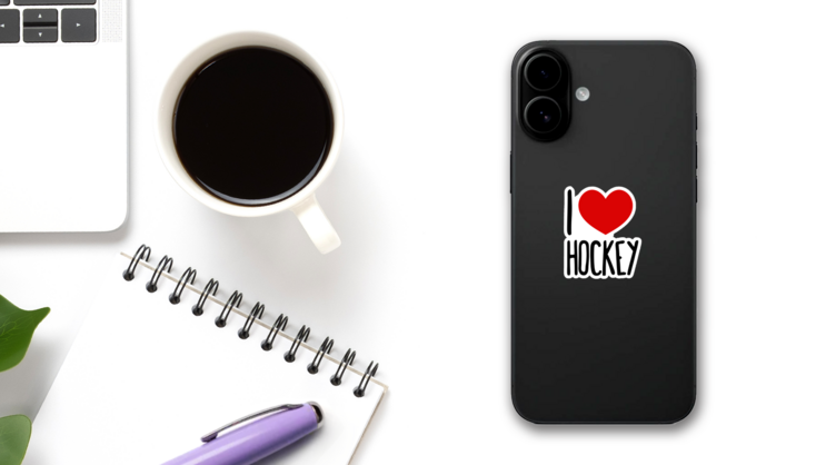I Love Hockey Lettering and Heart Sticker on a Phone (New) example