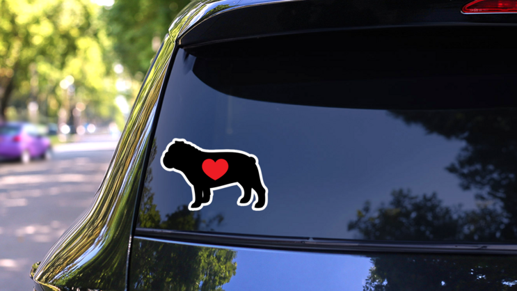 I Love My Bulldog Silhouette With Heart Sticker on a Rear Car Window (New) example