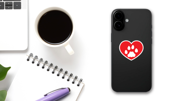 I Love My Cat Heart With Paw Sticker on a Phone (New) example