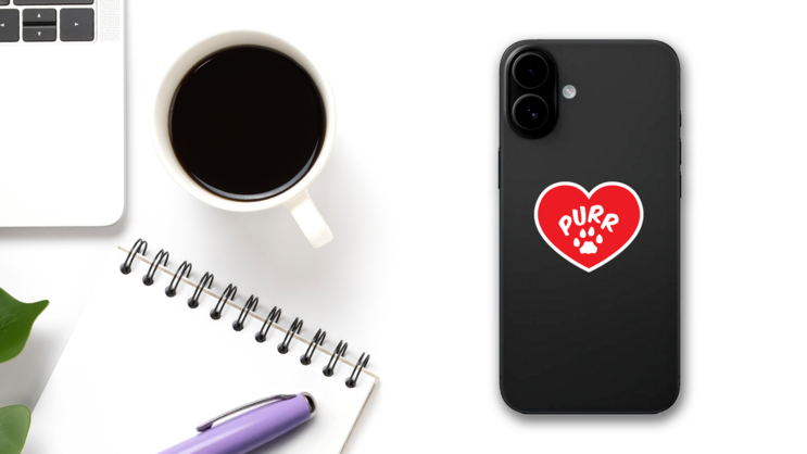 I Love My Cat Heart With Purr And Paw Sticker on a Phone (New) example