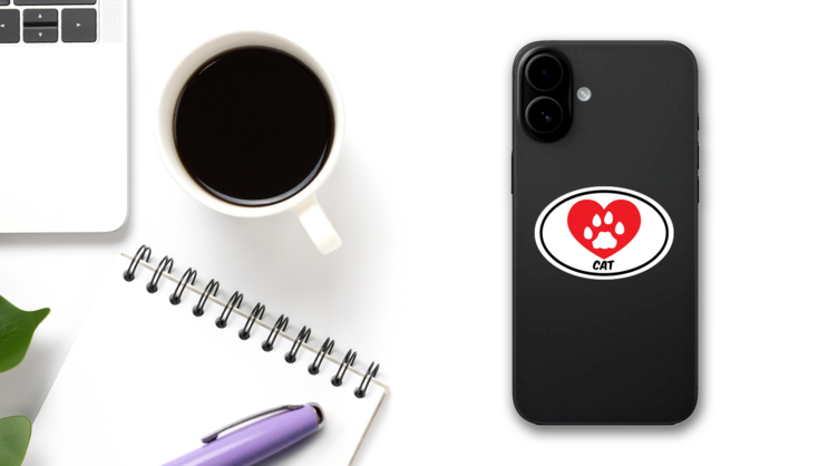 I Love My Cat With Heart And Paw Oval Sticker on a Phone (New) example