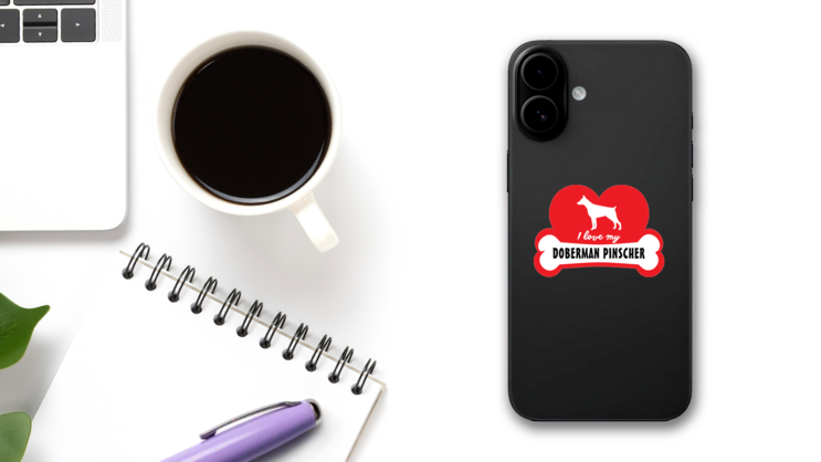 I Love My Doberman Pinscher Sticker on a Phone (New) example