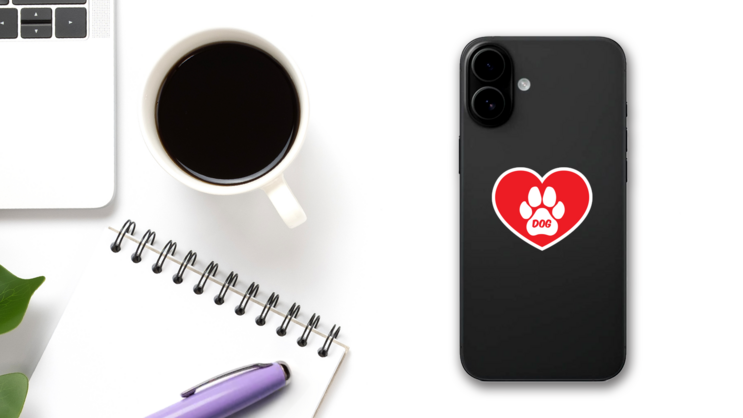 I Love My Dog Heart With Paw And Text Sticker on a Phone (New) example