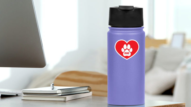 I Love My Dog Heart With Paw And Text Sticker on a Water Bottle (New) example