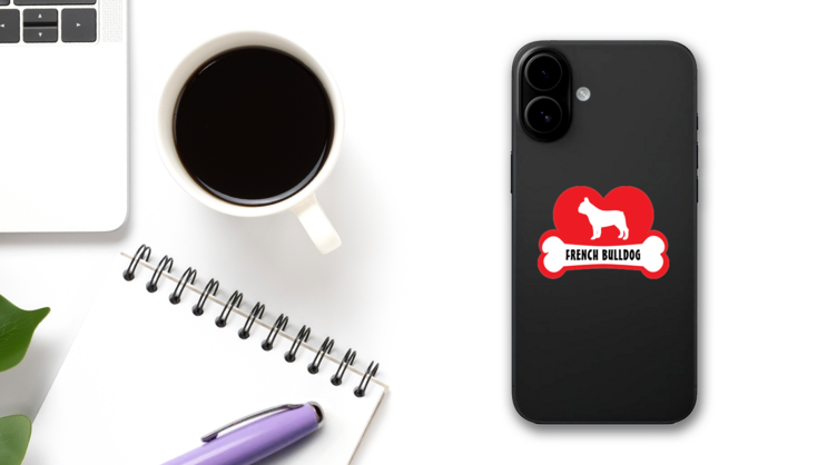 I Love My French Bulldog With Dog Bone And Heart Sticker on a Phone (New) example