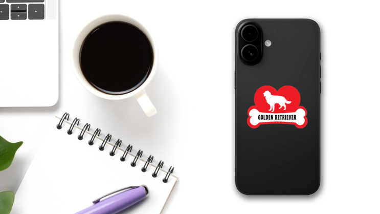 I Love My Golden Retriever With Dog Bone And Heart Sticker on a Phone (New) example