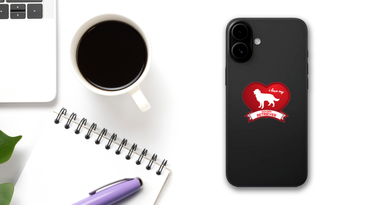 I Love My Golden Retriever With Shaded Heart Sticker on a Phone (New) example