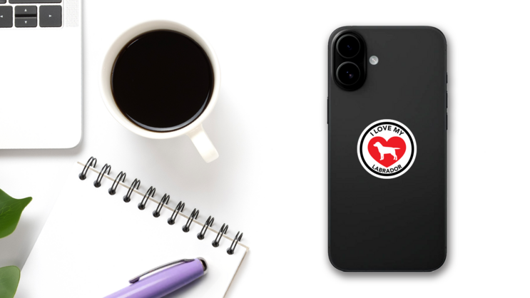 I Love My Labrador With Big Heart Circle Sticker on a Phone (New) example