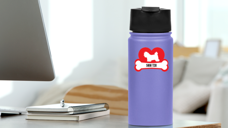 I Love My Shih Tzu With Dog Bone And Heart Sticker on a Water Bottle (New) example