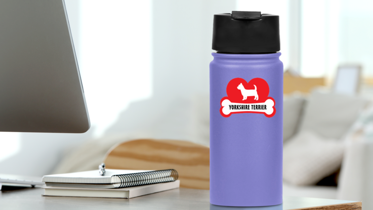 I Love My Yorkshire Terrier With Dog Bone And Heart Sticker on a Water Bottle (New) example