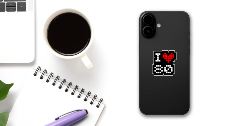 I Love The 80s 8-Bit Sticker on a Phone (New) example