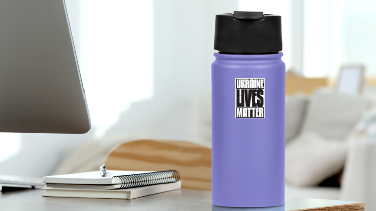 I Stand With Ukraine Solidarity Lives Matter Sticker on a Water Bottle (New) example